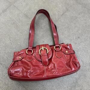 Cherry Red Faux Leather Buckle Shoulder Bag